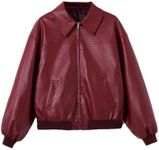 SHENHE Women's Leather Jacket Collared Neck Lantern Sleeve Zip Up Streetwear Motorcycle Bomber Jacket Coat Burgundy M