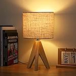 EDISHINE 36cm Wood Bedside Table Lamp, Tripod Desk Lamp with Beige Linen Lampshade, On-Off Switch, Desk Lamps for Reading, Bedroom, Living Room, Study, Office, E27 Base