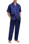 AUECK Silk Satin Pajama Set for Men Button Down Short Sleeve Lounge Set Soft Satin Pjs for Men Set 2 Piece Plus Size Pajama Lounge Set Comfy Classic Sleepwear (Deep Navy Blue, XX-Large)