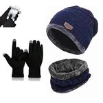 HUNTSMANS ERA Winter Knit Beanie Cap Hat Neck Warmer Scarf and Woolen Gloves Set Skull Cap for Men Women/winter cap for men (3 Piece) (Navy Blu)