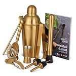 Oak & Steel - 10 Pieces Stainless Steel Gold Cocktail Making Gift Set - Complete Shaker MixologyTool with Recipe Book for Home Bar Party