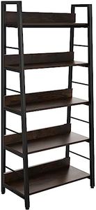 BATHWA 5 Tier Book Shelf, Rustic Industrial Ladder Bookshelf Wood Metal, Dark Brown Farmhouse 28'' Wide 59''Tall Ladder Shelf Living Room, Bedroom, Home Office