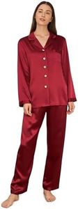 LilySilk Silk Pajamas for Women 100% Mulberry Silk 22 Momme Pajama Set Long Sleeve Button Down Sleepwear & Wide Trouser-Leg Pants XXL, Claret