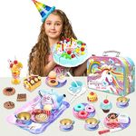 Koolbitz 115Pcs Colorful Tin Tea Party Set Including Metal Teapot, Saucers, Cups and Plates with Birthday Cake Toy & Candle with Light Music, Washable Dishes For Children