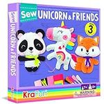 KRAFUN Unicorn Beginner Animal Sewing Kit for Kids Age 7-13 My First Art & Craft, Includes 3 Stuffed Animal Dolls Panda, Fox, Instructions & Plush Felt Materials for Learn to Sew, Embroidery