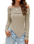 Bluetime Women Off Shoulder Sweater Tops Long Sleeve Asymmetrical Hem Ribbed Tops Slim Fit Pullover Sweater, Khaki, Small