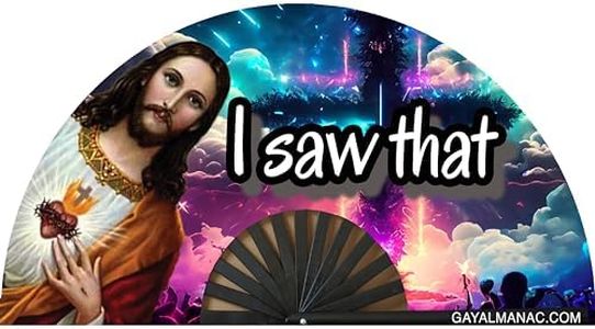 Gay Pride Large Folding Fans, Bamboo Fan 13" with UV Reactive Ink, for LGBTQ Circuit Parties and Raves (Jesus v2.0)