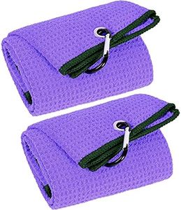 VIVIDLY 2 Pack Tri-fold Golf Towels, Premium Microfiber Fabric Waffle Pattern with Black Heavy Duty Carabiner Clip, Purple Golf Towels for Golf Bags for Men (Purple)