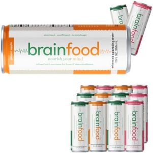 BrainFood Sparkling Water – Nootropic Drink with Nutrients & Antioxidants – Functional Beverage with Real Juice – Caffeine-Free, No Sugar Added, Vegan (12 pack, Variety Pack)