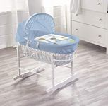 ELEGANT BABY Kinder Valley Beary Nice Blue White Wicker Moses Basket with White Rocking Stand, Adjustable Hood and Padded Liner