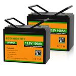 ECO-WORTHY (2 pack) 12V 100Ah LiFePO4 Lithium Batteries Built-in 100A BMS Low Temperature Protection, Up to 15000+ Life Deep Cycles, Perfect for RV, Marine, Motorhome, Household Battery