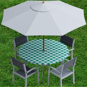 Sorfey Vinyl Umbrella Round Fitted Tablecloth Cover, Checkered Design, Flannel Backed Lining 36 Inch, Green