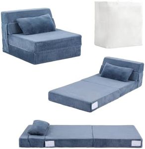 Tiita Folding Sofa Bed for Kids, Quad-Fold Mattress with Pillow, Soft Plush Couch, Portable Storage Bag, Convertible Lounger, for Playroom, Living Room, Guest Room, Blue Grey