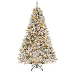 Goplus 3-Minute-Setup Pre-Lit Snow Flocked Christmas Tree, 7ft Artificial Hinged Xmas Tree with 450 Warm-White LED Lights, 956 Branch Tips, Upgraded Metal Stand, for Office Home Holiday Decor