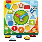 Fisher Price Wooden Early Educational Teaching Clock | Time & Shapes Sorting Toy for Kids