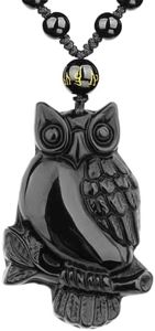 VIKCAUX Owl Necklace Black Obsidian Animal Amulet Protection Pendant with Adjustable Beaded Chain Lucky Owl Crystal Necklace for Men Women