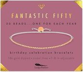 Lucky Feather 50th Birthday Gifts for Women Turning 50-14K Gold Dipped Beads Bracelet on Adjustable Cord, 50th Birthday Jewelry Gift Ideas 50 Year Old Woman