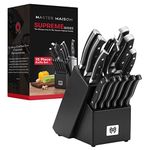 15-Piece Premium Kitchen Knife Set with Wooden Block - Master Maison German Stainless Steel Cutlery Set with Knife Sharpener and 6 Steak Knives (Black)