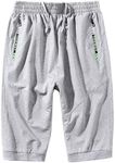 Flygo Men's Casual 3/4 Length Running Track Yoga Capris Jogger Pants Sweatpants Shorts (Large, Light Grey)