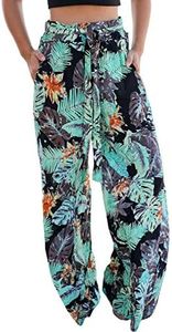 ECOWISH Wide Leg Pants for Women Summer 2024 Palazzo Tropical Floral Belted Casual Lightweight High Waist Flared Trousers with Pockets Black Small