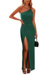 PRETTYGARDEN Women's Summer Formal Wedding Guest Dresses One Shoulder Spaghetti Strap High Slit Maxi Bodycon Dress (Dark Green,Large)