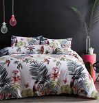 Eikei Palm Leaves Duvet Cover and Pillowcases Set Tropical Exotic Island Flowers Trees Branches Paradise Birds Bedding Jungle Plants Modern Botanical Print Long Staple Cotton (White, King)