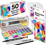 Funcils Watercolor Paint Set - 50 Travel Watercolors Set - Water Colors Paint for Adult, Kids, Beginners, Professional Artists | Watercolor Palette with Paper, Brush, Pen | Art Supplies for Adults