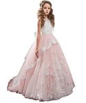 Flower Girl Dress Kids Lace Beaded Pageant Ball Gowns, A Light Pink, 10-11 Years