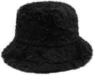 ZLYC Women Winter Crochet Bucket Hat Fashion Knit Faux Fur Trimmed Warm Cap (Furry Black)
