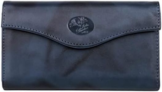 Women's Leather Long Bifold Organizer Wallet with Floral Emboss, Navy