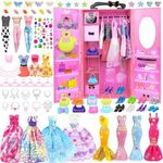 85PCS Doll Clothes and Accessories with Doll Closet for 11.5 Inch Doll - Fashion Design Doll Set Including Wedding Dress Fashion Dresses Outfits Tops and Pants Shoes Hangers Bags for Girls