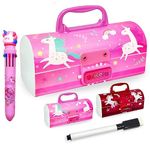 FunBlast Kids Pen & Pencil Box Suitcase Style Password Lock Pencil Case For Boys, Girls, Unicorn Pencil Box 10 In 1 Colors Ball Pen, Kawaii Stationery (Random Color-A, Polypropylene, Multicolor)