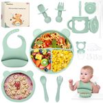 PERRYHOME Silicone Baby Feeding Set, 15pcs Baby Led Weaning Feeding Supplies for Toddlers, Kids Suction Silicone Plates and Bowls Set for Baby Gift (Green)