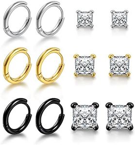 Multiple Earrings Set for Men 18K White Gold/Gold/Black Gold Plated Huggie Hoops and Square CZ Studs Ear Cartilage for Mens Hypoallergenic Jewelry Pack of 6