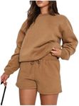 MakeMeChic Women's 2 Piece Outfits Long Sleeve Sweatshirts and Drawstring Shorts Sweatsuit Sets Brown X-Large