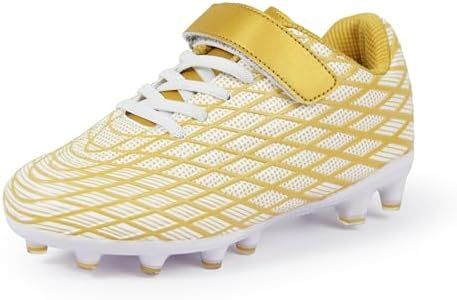 Sooneeya Kids Soccer Cleats - Boys Girls FG Soccer Shoes - Football Baseball - White Gold Size 1 M US Little Kid
