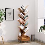 Birdhut Solid Sheesham Wood 9 Tier Tree Bookshelf with Drawer - 9 Open Shelf Bookcase with Metal Legs for Home Office Living Room - Book Shelves Tall Display Unit Book Stand (9 Tier, Natural Finish)