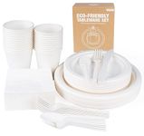 Anstore Disposable Plates and Cutlery Set, 200 Pcs Paper Plates and Cups Set, Biodegradable Tableware Set Party Wedding Christmas Picnic Set Including Plate, Spoon, Fork, Knife, Drinking Cups, Napkins