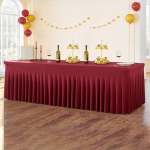 Htper Spandex Burgundy Table Clothes for 8 Foot Rectangle Tables, Wrinkle Free Fitted Tablecloth Cover 8ft Maroon Stretchy Tablecloths Desk Skirt for Parties Weddings Birthday Banquet Baby Shower
