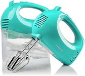 OVENTE Portable 5 Speed Mixing Electric Hand Mixer with Stainless Steel Whisk Beater Attachments Snap Storage Case, Compact Lightweight 150 Watt Powerful Blender for Baking & Cooking, Turquoise HM151T