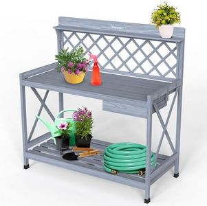 Wooden Garden Potting Table with Drawer and Trellis, Planting Potting Bench Work Station with Hooks and Shelves, Flower Plant DIY Workstation for Patios, Courtyards, Balcony, Grey