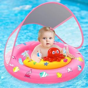 Baby Pool Float with Canopy, Inflatable Baby Swim Float with UPF50+ Sun Protection, Toddler Infant Pool Float with Toy Play Console Adjustable Safety Seat for Kids Girls Boys Aged 6-36 Months