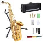AS-100 Eb Alto Saxophone Gold Lacquer Alto Sax Full Kit with Cleaning Cloth, Gloves, Brush, Headjoint, Reed, Strap, Stand, Tube Case, Saxophone for Beginners and Professional, Gold