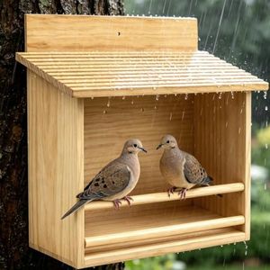 Wooden Open Mourning Dove Nesting Box for Outside Dove Bird House 11 H x 14 W x 6 L Inches Bird Nesting and Roosting Platform Hanging Birdhouse Garden Decoration (Flat Roof, Light Brown)