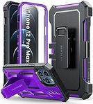 FNTCASE for iPhone 12-Pro-Max Phone Case: with Built-in Screen Protector & Kickstand & Belt-Clip Holster, Full-Body Dual Layer Rugged Military Shockproof Protective Cover-Purple