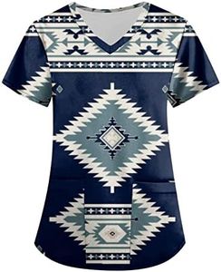 Nurse Uniform for Women,Plus Size Scrubs Shirts V Neck Aztec Pattern Printed Medical T Shirts Uniforms Pocket Short Sleeve Tees Nurse Working Uniforms Navy Medium