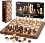 2 in 1 Magnetic Chess Set & Checkers Board Game, 15" Wooden Folding Chess Board with 2 Extra Queens, Portable Travel Chess Set with Pieces Storage Slots, Beginner Chess Board Game for Kids & Adults