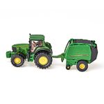 siku 1665, John Deere Tractor with Round Baler and 2 Bales, Metal/Plastic, Green, Moving parts