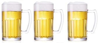 Homeprism Premium Glass Beer Mug - Transparent (630ml) | Mug with Handle Glass | Freezable Beer Glasses | Multipurpose Everyday Drinking Glasses | Cocktail Glasses (Design1 - Pack of 3)