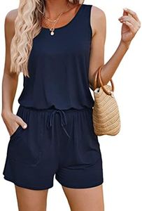 ADOME Womens Summer Scoop Neck Sleeveless Casual Tank Top Short Jumpsuit Rompers with Pockets Navy Blue L
